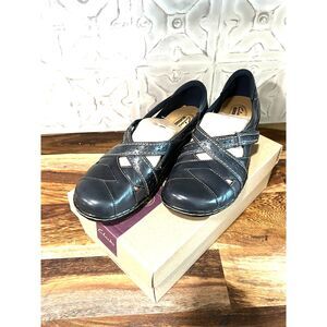 Clarks Ashland Spin Q Navy Blue Slip On Leather Sandals Sz 8M